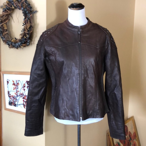 KNOLES & CARTER Size XXL Brown Leather STRETCH Metal STAR Embellished $288 NEW - Picture 3 of 16